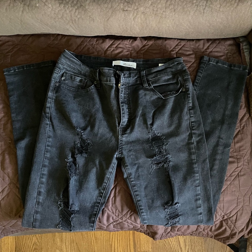KanCan Black Straight Leg Jeans with Distressed Details